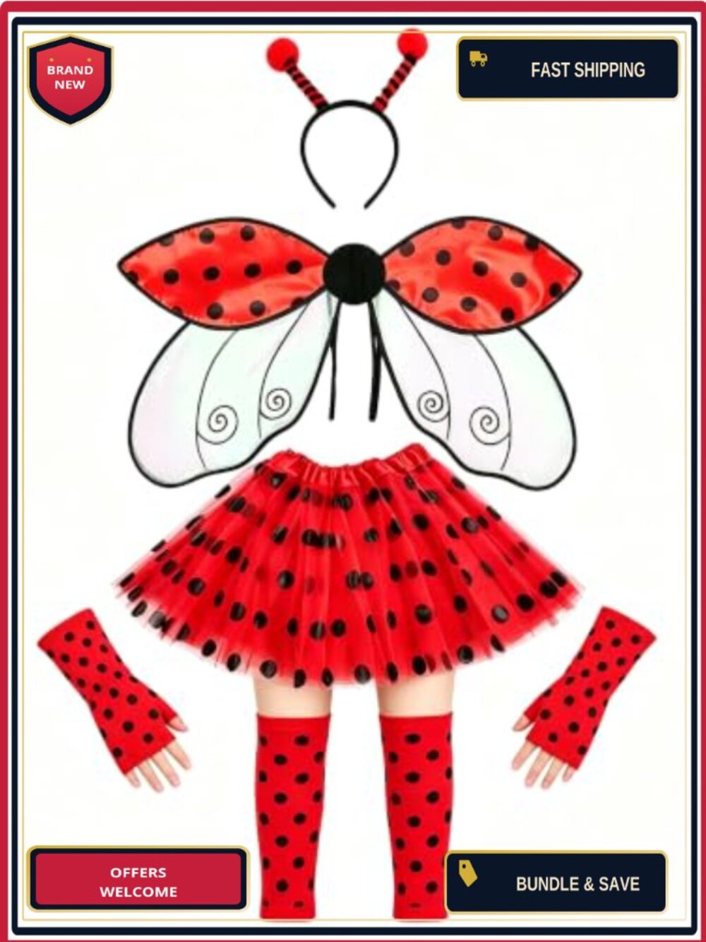 Ladybug Costume Accessory Set Womens Tutu Wings Headband Socks Gloves